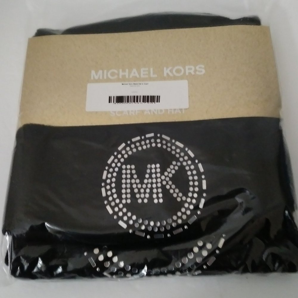 Michael Kors Black Rhinestone Logo Scarf and Hat Gift Set 2 Pieces